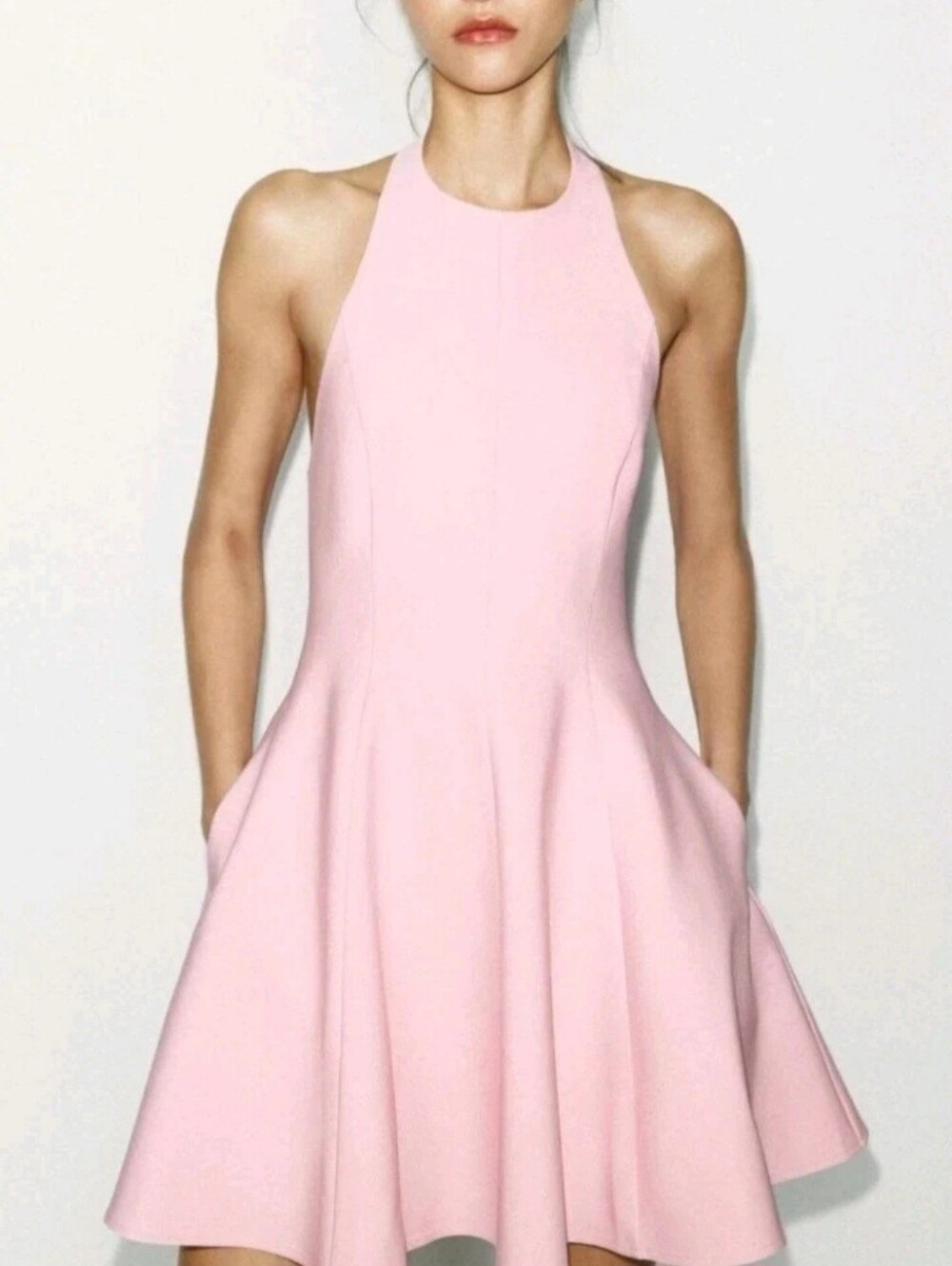 Zara Halter Neck Godet Mini Dress in Light Pink